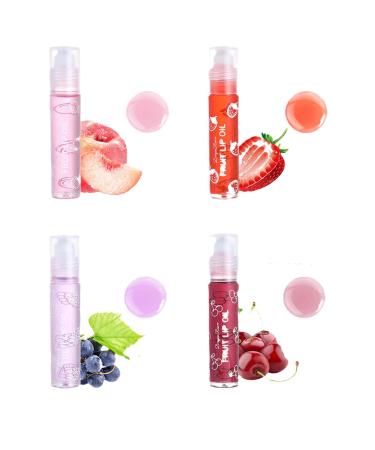 Jomewory 4 Lip Oil for Girls Fruity Flavors Rolling Ball Lip Oil Set Moisturizing Lip Balm Transparent Lip Gloss Kit Roll-on Lip Gloss Set Transparent Lip Gloss for Dry Lips