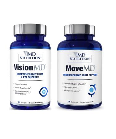 1MD Nutrition MoveMD & VisionMD Joint Support & Eye Care - Collagen Hyaluronic Acid Astaxanthin OptiLut Lutein Zeaxanthin