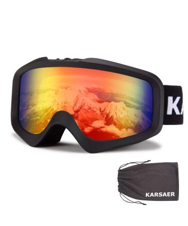 Karsaer Ski Goggles Anti-Fog Snow Goggles OTG 100% UV Protection Snowboard Goggles Bendable Dual-Lenses for Men Women Youth Matte Black Frame Red Mirrored Lens Vlt 15%