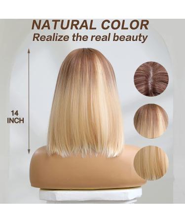 Esmee Short Straight Blonde Bob Wig for Women - 14 Ombre Synthetic Hair with Brown Roots for Cosplay and Parties - Buy Online on GoSupps.com