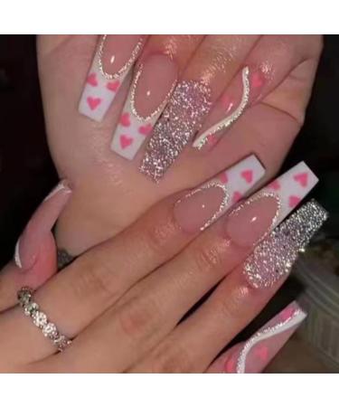 Runrayay French artificial nails with sequins press nails with a heart pattern extra long stick on the nails wrong nails Art kit for women girls 24 hours