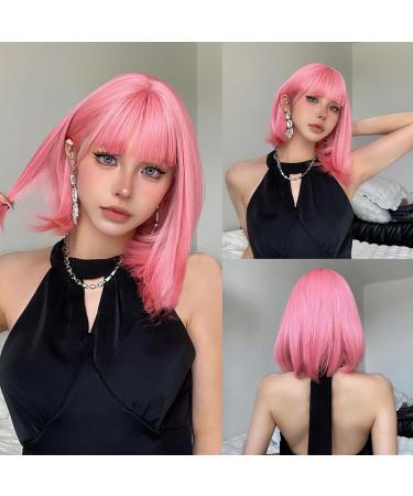 Short Pink Bob Wig with Air Bangs | Shoulder Length Soft Hair Wig for Women | Perfect for Halloween Cosplay and Parties - Buy Online on GoSupps.com