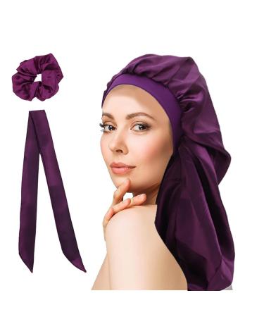 WUBAYI Silk Bonnet Hair Wrap for Sleeping Satin Sleep Cap with Wide Elastic Band Soft Hair Sleeping Bonnet Cap for Women and Girls Curly Hair( Purple) L Purple