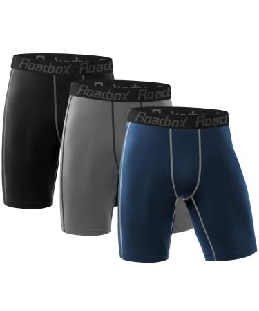 Roadbox Compression Shorts for Men 3 Pack Cool Dry Athletic Workout Underwear Running Gym Spandex Baselayer Boxer Briefs 3 Pack: Black, Grey, Navy Blue Large