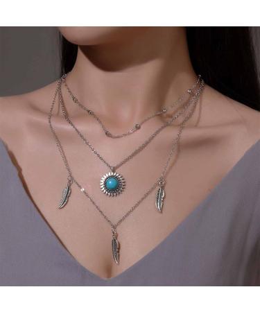 Boho Layered Feather Choker Necklace | Turquoise Pendant & Vintage Crystal Sun Jewelry for Women & Girls - Buy Online on GoSupps.com