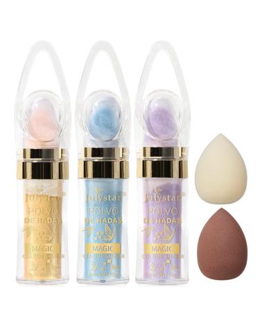 3 Colors Polvo De Hadas  Fairy Powder Highlight Patting Powder Highlighter Stick Highlighter Body Brightens Glitter High Gloss Fairy Glitter Sparkle Powder Face Powder Blusher with Makeup Sponges