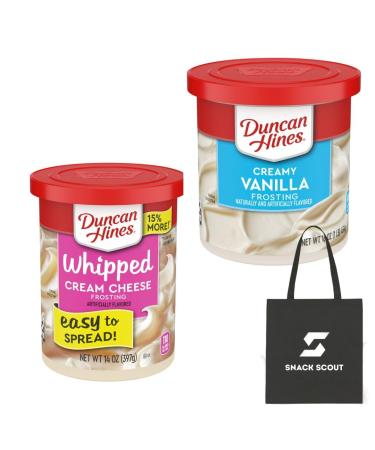 Duncan Hines Creamy Vanilla Frosting 16 oz & Whipped Cream Cheese Frosting 14 oz | Bundle With a Snack Scout Lunch Bag