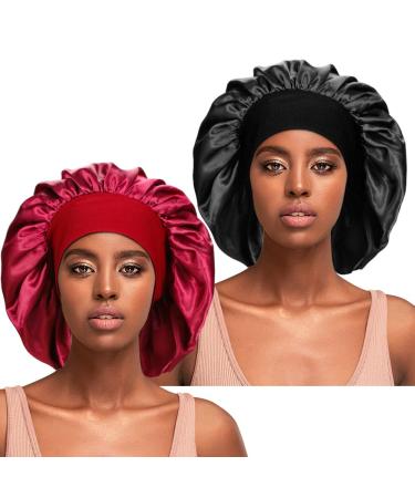 2 Pcs Silky Sleep Bonnet for Curly Hair Large Hair Braids Bonnets Satin Sleeping Cap Night Caps for Women Hair Care M Black+Wine Red