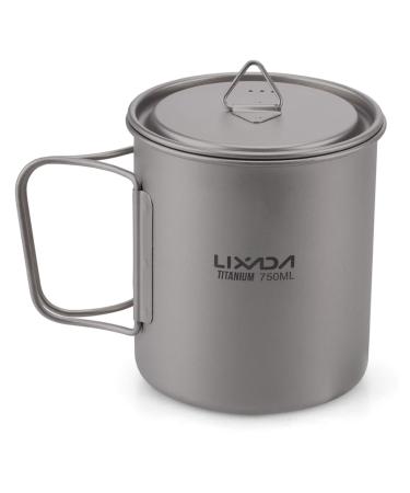 Lixada Titanium Pot, Camping Pot Titanium Cup Tianium Backpacking Pot with Partable Foldable Handles for Outdoor Camping Hiking Backpacking 750 ML