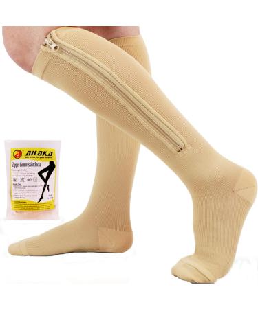 Ailaka 15-20 mmHg Zipper Compression Socks for Women Men Closed Toe Support Graduated Medical Varicose Veins Hosiery Perfect for Athletics Running Flight Travel Support Edema Pregnancy Large/X-Large (1 Pair) Beige