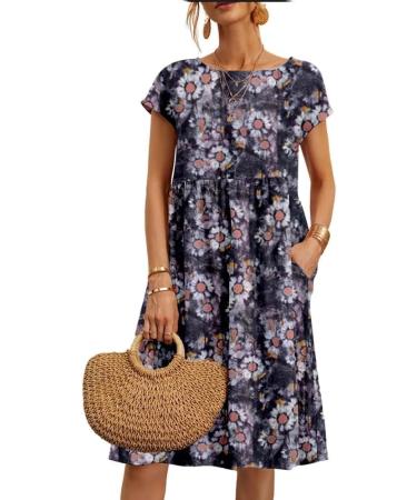Women's Summer Cotton Linen Floral Printed Short Sleeve Dress Crew Neck Loose Casual Beach Dresses with Pockets 04 Medium - Buy Online on GoSupps.com