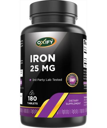 Oxify Iron 25 mg | 180 Tablets | Gluten-Free Non-GMO | Supplement Made in USA