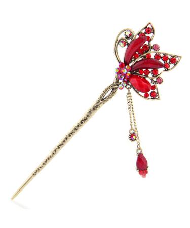 YOY Fashion Long Hair Decor Chinese Traditional Style Women Girls Hair Stick Hairpin Hair Making Accessory with Butterfly Red