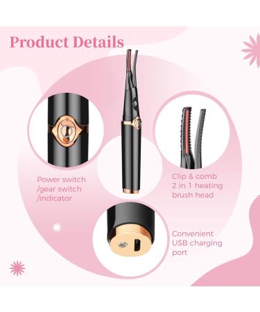Varku Heated Eyelash Curler for Women - USB Rechargeable 2 in 1 with Built-in Comb 3 Temperature Modes Fast Heating Long Lasting Electric Eyelash Curler - Buy Online on GoSupps.com
