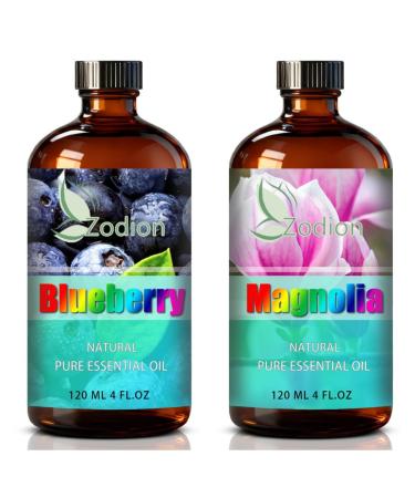 Magnolia Essential Oil 4 Fl Oz and Blueberry Essential Oil 4 Fl Oz - ZODION Magnolia & Blueberry Oil for Diffuser Aromatherapy Home Fragrance Skin & Hair Care DIY Candle & Soap Making Yoga