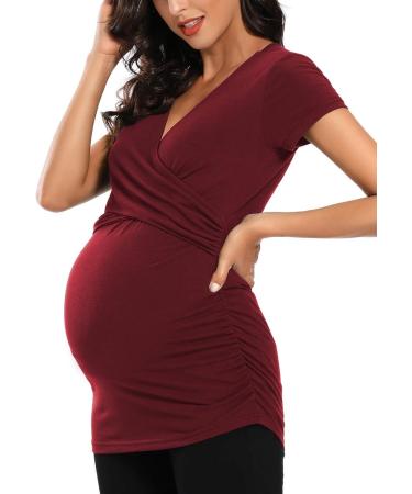 Love2Mi Maternity Nursing Shirt | Short Sleeve V-Neck Breastfeeding T-Shirt | Pregnancy XL - Wine Red - Buy Online on GoSupps.com