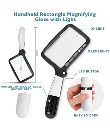 Folding Handheld Magnifying Glass with Dimmable LED Light - 3X Large Rectangle Reading Magnifier for Seniors with Macular Degeneration - Ideal for Newspaper, Books, Small Print - Lighted Gift for Low Vision - Black and White - Buy Online on GoSupps.com