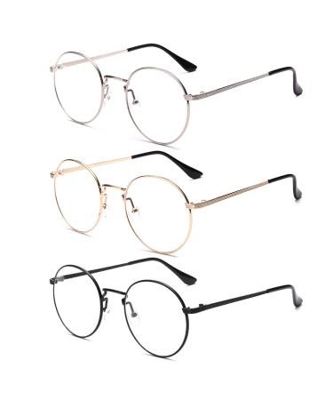 ALWAYSUV Metal Frame Retro Glass Frame Flat Mirror Decorative Glasses Classic Round Frame Glasses Clear Lens Glasses Set1