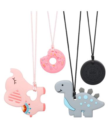4Pcs Chew Necklaces for Sensory Kids with Teething  ADHD  SPD  Autism  Biting Needs  Oral Motor Chewy Teether  Silicone Necklace Made from Food Grade Silicone Safety  Baby Teether Toy for Boys&Girl