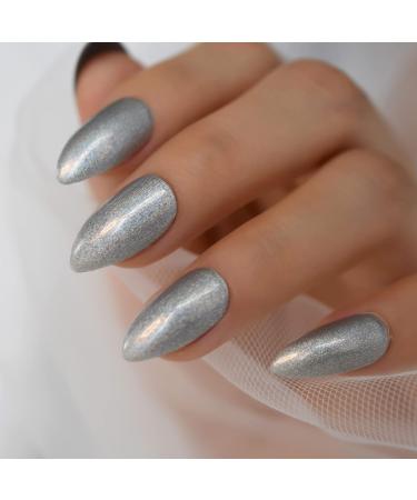 Laser Metallic Silver Wire Texture Artificial Nails - Short Almond Glossy Gel - 24pcs Acrylic Full Cover Kit - International Shipping - Buy Online on GoSupps.com