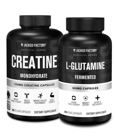 Jacked Factory Creatine Monohydrate Pills (150 Count) & L-Glutamine Capsules 500mg (240 Count) for Muscle Growth Recovery Strength & Immunity