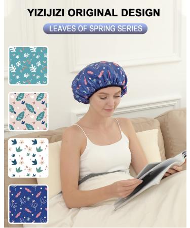 Terry Cloth Lined Shower Cap - YIZIJIZI Triple Layer Waterproof Reusable Cap for Long Thick Hair, Blue Flower & Leaf Design - Buy Online on GoSupps.com