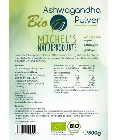 Buy 100% Organic Ashwagandha Powder 500g - Vegan Gluten-Free | Michel's Natural Products - Buy Online on GoSupps.com