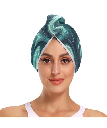 Teal Marble Graffiti Hair Towel 2 Pack Super Absorbent Hair Drying Towel Quick Dry Hair Turbans Head Towel with Button Twisty Wrap for Women Girls