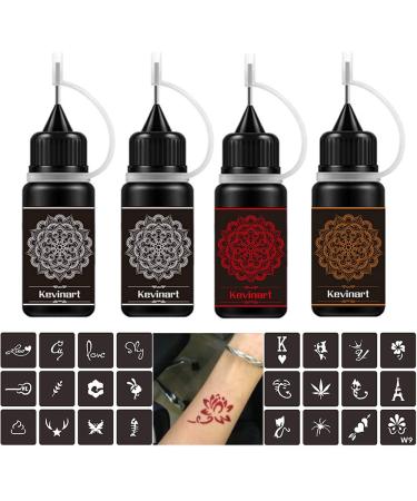 Kevinart Temporary Tattoo Kit - Fake Tattoos - Tattoo Inks - Semi Permanent Tattoos - Freehand Ink with Tattoo Stencils for Women Men Kids Fake Freckles DIY Body Art 4 Bottles