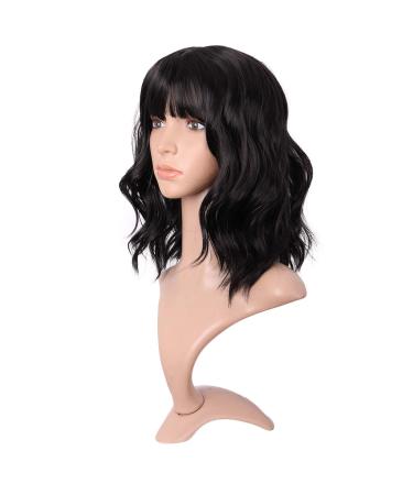 Buy MapofBeauty 14 inch Short Bob Wavy Curly Wig with Bangs - Natural Black Hair Fibers for International Shipping - Buy Online on GoSupps.com