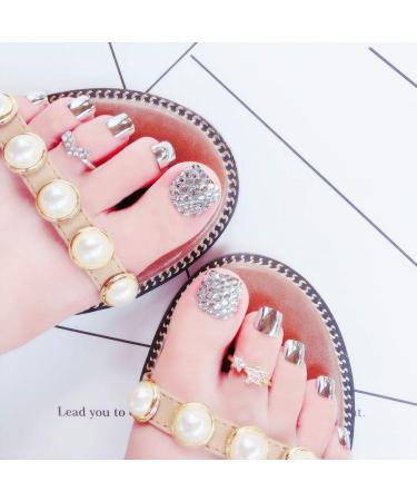 Sethexy 3D Bling Silver Shiny Fake Toenails - 24 Piece Complete Cover Short Square Tips for Women & Girls | Perfect for Weddings & Street Style - Buy Online on GoSupps.com