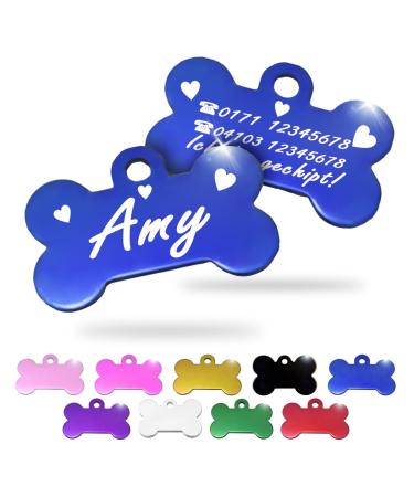 Ibera Gifts - Personalized pendants for small to medium -sized dogs and cats in bone shape - engraving dog branded collar dog neck band Name personalized dog (blue hearts) hearts blue