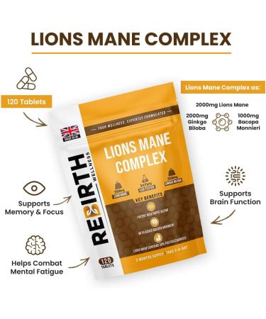 Lions Mane Supplement 2000mg High Strength Nootropic with Ginkgo Biloba & Bacopa for Focus Memory & Clarity 120 Vegan Tablets UK Made & Lab Tested - Buy Online on GoSupps.com