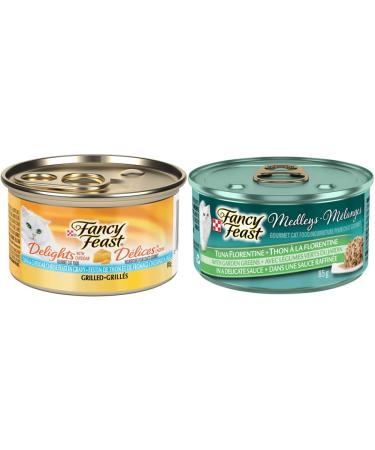 Fancy Feast Delights with Cheddar Grilled Tuna and Cheese in Gravy + Fancy Feast Medleys Tuna Florentine Wet Cat Food Cat Food + Cat Food 85 g