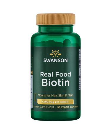 Swanson Real Food Biotin Vitamin B-7 Hair Skin Nail Metabolism Health from Organic Hummingbird Tree Extract Vegan Gluten-Free Non-GMO B7 5000 mcg 90 Veggie Capsules (Caps)