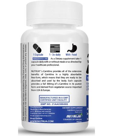 NutriJa L-Carnitine L-Tartrate 500mg Supplement | Converts Fat into Energy Boosts Energy & Performance | Supports weight Loss | Fastest Muscle Recovery & Reduces Soreness (120 Capsules) 120 count (Pack of 1) - Buy Online on GoSupps.com