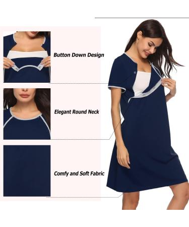 Sykooria Women's Maternity Nightdress | Nursing Nightgown | Short Sleeve Sleep Shirt for Pregnant Women - Navy Blue S - Buy Online on GoSupps.com