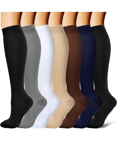 Compression Socks for Women and Men Circulation-Best Support for Running, Athletic, Nursing, Travel Large/X-Large (Pack of 7) 02 Black/White/Gray/Yellow/Brown