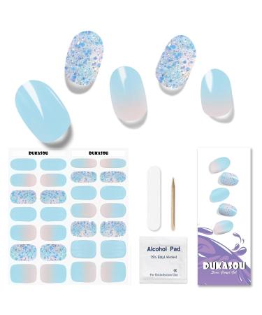 Semi Cured Gel Nail Strips 28 pcs Gel Nail Strips Work with Any UV Lamp Long Lasting Gel Nail Stickers Full Nail Wraps Salon Quality Easy to Apply for Wedding(Sky Blue)