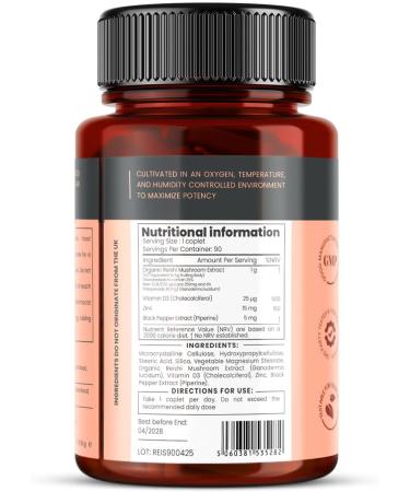 pureclinica Double Strength Reishi Mushroom 5000mg x 90 Caplets (3-Month Supply) with Vitamin D3 Zinc & Piperine for Enhanced Absorption 100% Fruiting Body No Mycelium or Fillers - Buy Online on GoSupps.com