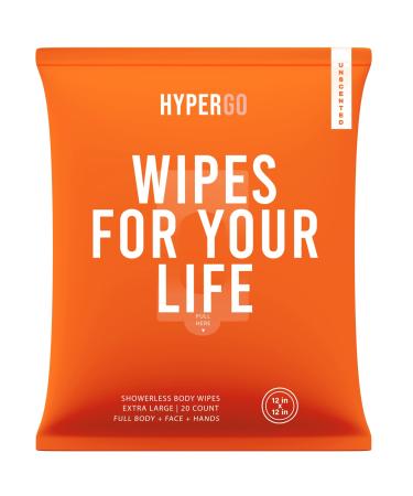 HyperGo Full-Body Rinse-Free Hypoallergenic Biodegradable Bathing Wipes All Natural, Refreshing Anytime Anywhere, Post Workout, Camping, Travel, Daily Life, 12x12 X-Large 20-count, Unscented 1 Pack Unscented  20 Count (