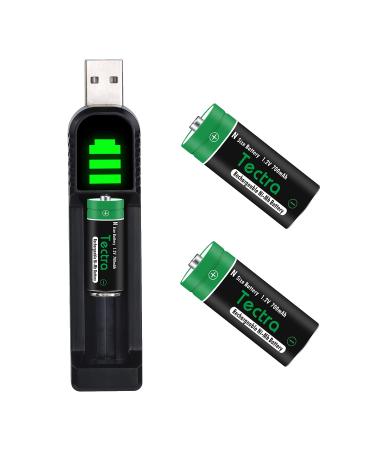 Tectra 1.2V 700mAh LR1 N Size Ni-Mh Rechargeable Battery with USB Charger, Long Lasting, All-Purpose N Battery, 2 Count 2 battery + 1 charger