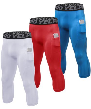1 or 3 Pack Men's 3/4 Compression Pants Dry Fit Men Running Leggings 3/4 Tights Gym Capri Pant Football Basketball White+red+blue Large