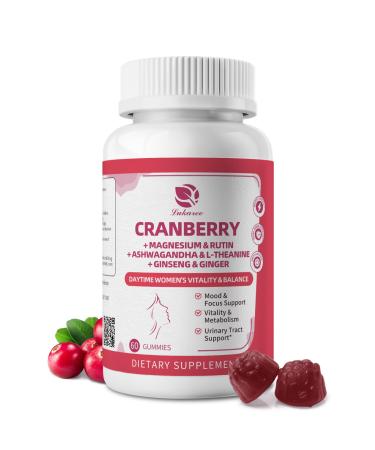 Lukaree Cranberry Gummies for Women Cranberry Supplement Complex with D-Mannose Ashwagandha Magnesium Ginseng Urinary Tract Mood & Energy Support Daytime Vitality Supplement 60 Count 60 Count (Pack of 1)