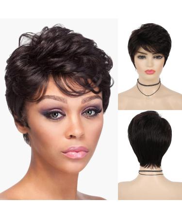 Baruisi Short Dark Brown Pixie Wigs for Black Women Synthetic Layered Short Curly Wig Cosplay Replacement Hair Wig with Wig Cap