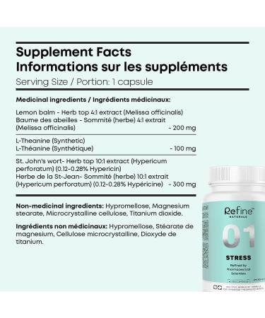 Refine Natural Stress Relief Supplement with L-Theanine and Herbals | Relaxation Support with Lemon Balm Extract St John's Wort | Calming Herbal Sleep for Adults Non-GMO 60 Vegetarian Capsules for Men and Women Made in Canada - Buy Online on GoSupps.com