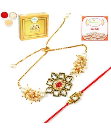 Ghasitaram Gifts Rakhis Online - Rakhi for Brother-RT-Stone Bhaiya Bhabhi Rakhi with 200 GMS of Kaju katli and 200 GMS of Soan Papdi Rakhi Set with 200 gms of Kaju katli & Soan Papdi