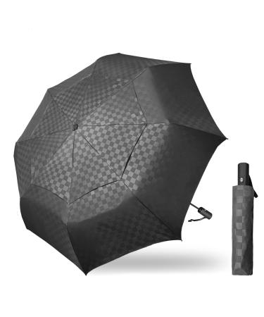 Satol Large Golf Umbrella 62 Inch, Black Automatic Windproof Double Canopy Vented 8 Ribs Sturdy Folding Umbrella, UPF 50+ Portable Wind Resistant Sun & Rain Compact Umbrellas for Travel (checkered)