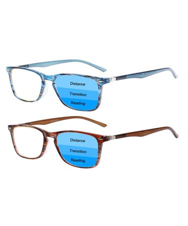 BONCAMOR 2 Pack Progressive Multifocus Reading Glasses Men and Women Computer Blue Light Blocking Anti Eyestrain Readers (Blue Brown, 2.50) Blue Brown 2.5 x