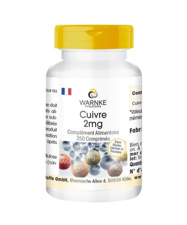 Cuivre 2mg - 250 comprim s de 2mg chacun - Bisglycinate de cuivre - HAUTE DOSE - Qualit pharmaceutique allemande - Vegan | Warnke Vitalstoffe